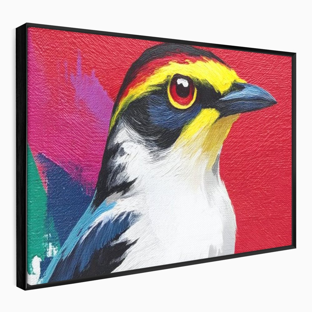 Tablou canvas cu tablou canvas cu pasare colorata in profil, in rama de aluminiu negru